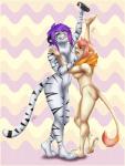 angry anthro breasts controller duo fangs female fur grin hair holding_object inner_ear_fluff multicolored_hair navel neck_tuft nude open_mouth orange_eyes pattern_background pawpads purple_eyes remote_control side_boob simple_background size_difference smile striped_body striped_fur stripes tail tail_tuft teeth tuft two_tone_hair conditional_dnp vilani felid lion mammal pantherine tiger 2019