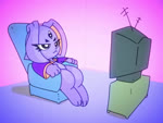 3_eyes ambiguous_gender anthro biped bottomless chair clothed clothing electronics eyelashes furniture multi_eye purple_body recliner simple_background sitting solo television watching_television kekitopu gem_(kekitopu) lagomorph leporid mammal rabbit 2023 4:3 animated long_playtime sound webm