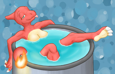 anthro anthrofied bath bathtub breasts claws fangs female fire flaming_tail looking_at_viewer non-mammal_breasts nude one_eye_closed orange_body orange_skin partially_submerged pokemorph relaxing simple_background solo tail teeth tongue water wink buttstorm's_roommate nintendo pokemon charmeleon generation_1_pokemon lizard pokemon_(species) reptile scalie