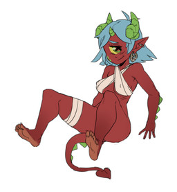 1_eye 5_toes blue_hair bottomless breasts clothed clothing convenient_censorship countershade_feet countershading ear_piercing eyelashes feet female green_eyes hair horn humanoid_feet humanoid_hands humanoid_pointy_ears leg_wraps looking_at_viewer nipple_outline not_furry piercing plantigrade pointed_tail pointy_ears reclining red_body red_skin smile soles solo toes wraps yellow_sclera stylusknight cloe_(stylusknight) cyclops humanoid colored_sketch full-length_portrait portrait sketch