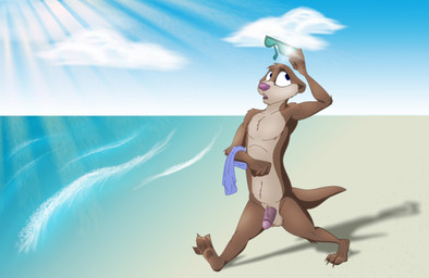 anthro balls beach brown_pawpads casual_nudity circumcised countershading exhibitionism flaccid genitals humanoid_genitalia humanoid_penis male nude nude_beach outside pawpads paws penis sea seaside solo sun water dizzyvixen chestnut_(dizzyvixen) mammal mustelid otter hi_res