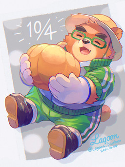 anthro bottomwear brown_body brown_fur chibi clothing cute_fangs eyes_closed eyewear fangs food fruit fur glasses hat headgear headwear humanoid_hands kemono male overweight overweight_male pants plant pumpkin shirt sitting solo straw_hat teeth topwear lagoon_bluebear lifewonders tokyo_afterschool_summoners volos_(tas) bear mammal 2021 hi_res