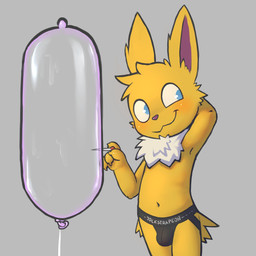 anthro balloon balloon_popping biped blue_eyes blush bodily_fluids bulge clothed clothing condom condom_balloon cum cum_stain fur genital_fluids grey_background hand_behind_head helium holding_object inflatable jockstrap looking_aside male navel neck_tuft sexual_barrier_device simple_background solo standing text topless tuft underwear yellow_body yellow_fur badipoki nintendo pokemon eeveelution generation_1_pokemon jolteon pokemon_(species) 1:1 absurd_res english_text hi_res