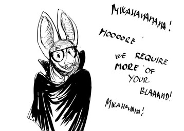 anthro buckteeth dialogue eyewear fangs female glasses solo teeth text vampire_costume hladilnik buffy_(hladilnik) bat leaf-nosed_bat mammal microbat vampire_bat yangochiropteran 2023 black_and_white english_text hi_res monochrome