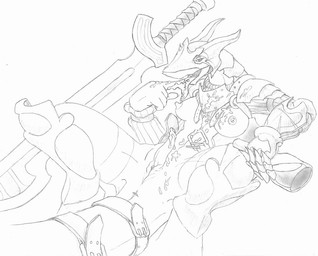 alcohol_bottle anthro anus armor belt belt_buckle beverage_bottle bodily_fluids bottle breasts buckle clothing container cum cum_in_mouth cum_inside cum_on_breasts cum_on_self digitigrade drinking drinking_cum genital_fluids herm ineffective_clothing intersex licking_cum melee_weapon sword tail_anus weapon reiger monochrome