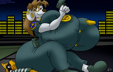 anthro big_breasts big_butt black_clothing breasts building butt clothing duo female gun huge_breasts huge_butt huge_hips huge_thighs hyper hyper_breasts male outside ranged_weapon sitting sitting_on_another small_waist thick_thighs weapon wide_hips virus-20 alice_(virus-20) canid canine canis domestic_dog mammal 14:9 2017 hi_res