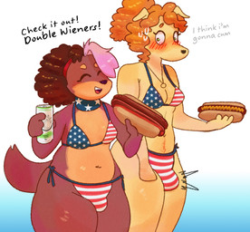 american_flag_bikini anthro becoming_erect_under_clothing bikini biped blush breasts bulge can clothed clothing container duo flag_bikini flag_swimwear food fur gynomorph gynomorph/gynomorph gynomorph_anthro hair holding_can holding_container holding_object hot_dog intersex intersex/intersex intersex_anthro mustard navel overweight simple_background smile swimwear tail text thick_thighs topwear two-piece_swimsuit underwear wide_hips looselou amber_(looselou) lou_(looselou) canid canine canis domestic_dog mammal absurd_res hi_res