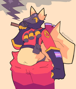 anthro belly clothing female fire_axe firefighter firefighter_uniform lgbt_pride pride_colors slightly_chubby transgender_pride_colors uniform bigsteppies team_fortress_2 valve pyro_(team_fortress_2) mammal