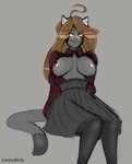 anthro areola breasts brown_hair clothed clothing dress exposed_breasts female fur green_eyes grey_body grey_fur hair heart_eyes heart_symbol legwear nipples pantyhose solo topless topless_female conkerbirdy jenny_(conkerbirdy) domestic_cat felid feline felis mammal