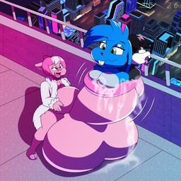 anthro balls big_balls big_penis black_body black_fur blue_body blue_fur city cock_vore collar fur fur_coat genitals green_hair hair huge_balls huge_penis hyper hyper_balls hyper_genitalia hyper_penis male penile penis pink_body pink_hair spiked_collar spikes vore dirtymac domestic_pig lagomorph leporid mammal rabbit suid suine sus_(pig) 1:1 absurd_res hi_res