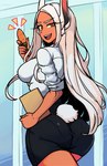 bottomwear breasts butt carrot clothed clothing female food hair looking_at_viewer looking_back looking_back_at_viewer plant shirt skirt topwear vegetable white_hair powtaytow3333 my_hero_academia rumi_usagiyama animal_humanoid humanoid lagomorph lagomorph_humanoid leporid_humanoid mammal mammal_humanoid rabbit_humanoid hi_res