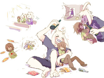alcohol ambiguous_gender anthro beer beverage blush chips_(food) church drunk female food funny_face group horn humor male substance_intoxication thin_calves thin_legs thin_thighs y_r_k_4 deltarune undertale undertale_(series) asriel_dreemurr kris_dreemurr toriel boss_monster_(undertale) bovid caprine mammal 2018 4:3 hi_res mother_(lore) parent_(lore) sibling_(lore) son_(lore)