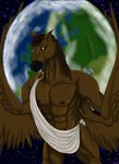 abs anthro biceps bodily_fluids brown_body brown_fur brown_hair clothed clothing cloud detailed_background earth europe feathered_wings feathers fur hair male mostly_nude muscular muscular_anthro muscular_male nipples open_mouth pecs planet solo space sweat teeth tongue wings witkacy1994 mythology equid equine mammal mythological_creature mythological_equine pegasus digital_media_(artwork) hi_res