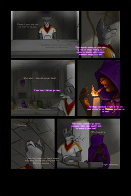 altar anthro black_nose brown_body brown_fur candle clothed clothing column dialogue duo female fire fur green_eyes grey_body grey_fur male plant temple text vines ipoke ishara canid canine canis felid feline mammal wolf 2:3 comic english_text hi_res