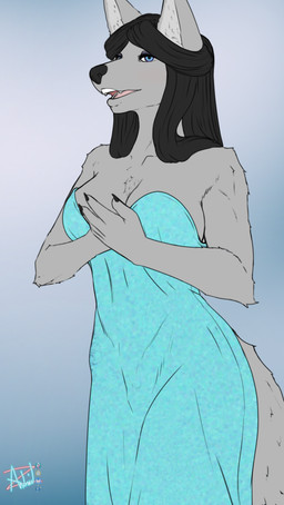 anthro black_hair black_nails blue_eyes breasts clothed clothing colored_nails dress eye_makeup fur grey_body grey_fur hair herm intersex makeup nails open_mouth sequin_dress simple_background slight_bulge smile solo androidz mika_(androidz) canid canine canis mammal absurd_res hi_res
