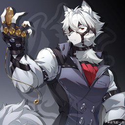anthro belt clock clothing collar fingerless_gloves gloves hair handwear looking_away male red_eyes shirt solo tail topwear vest watch weibo_id_7412365278 mihoyo zenless_zone_zero von_lycaon canid canine canis mammal wolf 1:1 2024 absurd_res hi_res