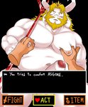 anthro beard belly blonde_hair blush crown disembodied_hand duo erection facial_hair foreskin genitals hair headgear horn king male mature_anthro mature_male melee_weapon musclegut muscular navel nipple_fetish nipple_pinch nipple_play nipples pecs penis pinch polearm royalty text trident weapon white_body rampie undertale undertale_(series) asgore_dreemurr boss_monster_(undertale) bovid caprine goat mammal english_text