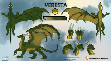 bird's-eye_view claws digitigrade ear_frill female feral finger_claws frill_(anatomy) green_body green_scales high-angle_view horn long_neck low-angle_view membrane_(anatomy) membranous_wings pupils quadruped scales sharp_teeth side_view sky skyscape slit_pupils snout solo tail teeth text toe_claws wings worm's-eye_view yellow_eyes errokioslem mythology veresta dragon mythological_creature mythological_scalie scalie hi_res model_sheet portrait url