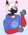 anthro black_body black_fur blue_clothing blue_eyes blue_hoodie blue_topwear claws clothing e621_logo fur gesture gradient grey_body grey_fur hair hoodie male pawpads paws red_body red_fur tongue tongue_out topwear waving waving_at_viewer white_body white_fur aroc e621 azzre canid canine canis fox hybrid mammal wolf hi_res