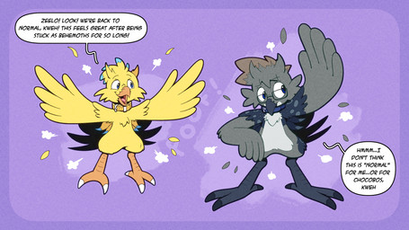 after_transformation beak blue_eyes dialogue eyewear feathered_wings feathers feet glasses grey_body happy implied_transformation orange_beak poof_transformation skeptical speech_bubble talons toes transformation wings yellow_body yellow_feathers trevor-fox final_fantasy square_enix erakir_(character) zeelo avian chocobo 16:9 widescreen