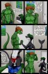 abs android anthro balls biceps bottomwear cetacean clothed clothing comic damage dialogue digital_media_(artwork) dolphin duo english_text facial_hair flaccid genitals gpd_(lurdanjo) green_balls green_penis hair hi_res lex_(lurdanjo) libra-11 lizard machine male male/male mammal marine mervas muscular muscular_male nipples nude oceanic_dolphin orca panties pecs penis reptile ricky_(libra-11) robot scalie shorts speech_bubble text toothed_whale topless underwear undressing wounded