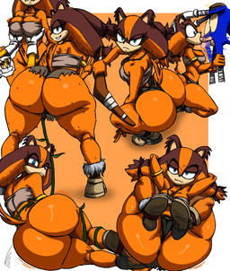 anthro balls bent_over big_breasts big_butt blue_eyes breasts butt camel_toe cleavage clothed clothing crouching fellatio female footwear genitals group hand_on_breast holding_breast holding_head huge_butt jewelry looking_at_viewer lying male motion_blur motion_lines necklace on_back on_side oral penile penis penis_in_mouth sex shoes tail trio wide_hips bencarts sega sonic_boom sonic_the_hedgehog_(series) miles_prower sonic_the_hedgehog sticks_the_jungle_badger badger canid canine eulipotyphlan fox hedgehog mammal mustelid musteline hi_res
