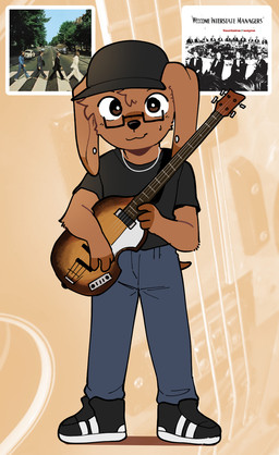 anthro arm_tuft baseball_cap bass_guitar black_clothing black_footwear black_hat black_headwear black_nose black_shirt black_shoes black_topwear bottomwear brown_body brown_ears brown_eyes brown_fur clothed clothed_anthro clothed_male clothing ear_piercing elbow_tuft eyewear footwear front_view fur gauged_ear glasses guitar hat headgear headwear holding_guitar holding_musical_instrument holding_object jewelry looking_at_viewer male mouth_closed musical_instrument necklace pants piercing plucked_string_instrument rectangular_glasses shirt shoes solo string_instrument tail text topwear tuft white_sclera conditional_dnp sonokido abbey_road fountains_of_wayne the_beatles welcome_interstate_managers inukido_(sonokido) canid canine canis domestic_dog mammal 2025 digital_drawing_(artwork) digital_media_(artwork) english_text full-length_portrait hi_res portrait