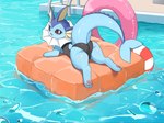 ambiguous_gender blush butt clothing feet feral inflatable inner_tube looking_at_viewer looking_back looking_back_at_viewer lying one-piece_swimsuit pawpads paws pool pool_float raised_tail soles solo swimwear tail toes flong nintendo pokemon eeveelution generation_1_pokemon pokemon_(species) vaporeon absurd_res hi_res