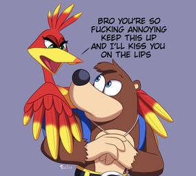 anthro backpack belt black_nose blue_background blue_eyes bottomwear brown_body brown_fur clothed clothing dialogue duo eyebrows feathers female fur green_eyes head_tuft jewelry looking_at_another male necklace open_mouth profanity raised_eyebrows red_body red_feathers shorts simple_background text topless tsundere tuft skelly_doll banjo-kazooie rareware banjo_(banjo-kazooie) kazooie avian bear breegull mammal 2019 english_text hi_res signature