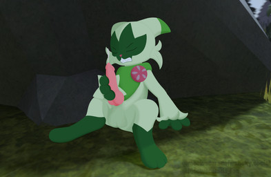 anthro bodily_fluids cum ejaculation eyes_closed folded_ears fur genital_fluids genitals green_body green_fur knot knotted_penis male masturbation penis sitting sitting_on_ground solo spread_legs spreading wemacaten nintendo pokemon felid feline floragato generation_9_pokemon mammal pokemon_(species) 3d_(artwork) absurd_res digital_media_(artwork) hi_res