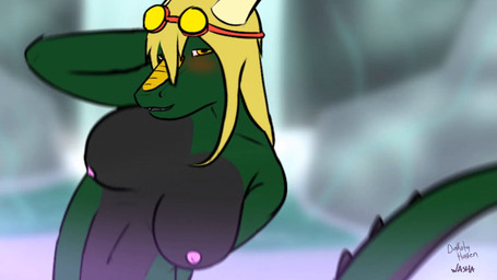 4_toes anthro blonde_hair blurred_background blush bodily_fluids bouncing_breasts breasts claws dildo dildo_sitting eyewear feet female female_penetrated genital_fluids genitals goggles green_body hair hindpaw horn knot knotted_dildo looking_at_viewer masturbation nipples non-mammal_breasts non-mammal_nipples nude paws penetration sex_toy solo text toes toying_self vaginal vaginal_fluids vaginal_masturbation vulva water waterfall dakodragon mythology gearkulaas dragon mythological_creature mythological_scalie scalie 2012 animated artist_name hi_res loop short_playtime signature sound video