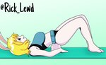 anthro big_breasts blonde_hair blue_bra blue_clothing blue_underwear bra breasts clothed clothing cotton_tail female female_anthro fluffy fluffy_tail hair lying on_back panties short_tail side_view solo tail underwear white_body yoga yoga_mat rick_lewd one_piece carrot_(one_piece) lagomorph leporid mammal rabbit hi_res