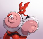 anthro areola big_areola big_breasts big_nipples breasts female huge_areola huge_breasts huge_nipples hyper hyper_areola hyper_breasts hyper_nipples looking_at_viewer nipples non-mammal_breasts non-mammal_nipples nude red_body solo tongue white_body yellow_eyes badgerben bandai_namco digimon jeannine_(anjuneko) digimon_(species) guilmon scalie 2018 absurd_res hi_res