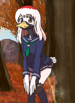 anthro beak blush bodily_fluids brown_eyes clothed clothing female genital_fluids looking_at_viewer outside panties panties_down partially_clothed peeing peeing_outside school_uniform solo standing steam underwear underwear_down uniform urine wings starman75042 avian bird crane_(bird) gruiform hi_res