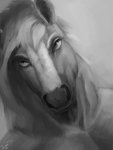 anthro fur hair male muscular muscular_anthro muscular_male nude one_eye_closed simple_background smile solo dimonis equid equine horse mammal 2021 digital_media_(artwork) monochrome signature watermark