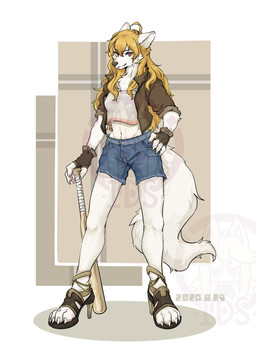 anthro baseball_bat bat_(object) blonde_hair bottomwear clothing crop_top female footwear hair high_heels jacket pink_background pink_clothing pink_shirt pink_topwear red_clothing red_eyes red_jacket red_topwear shirt shoes shorts simple_background solo tail teeth topwear white_background white_body white_ears white_tail unknown_(artist) changed_(video_game) ids_(user) ace_heart_(ids) canid canine canis mammal wolf hi_res