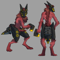 anthro cybernetics digitigrade feet fur genitals glowing hindpaw holding_object knot machine male paws penis red_body red_fur screen screen_face snout solo tapering_penis thecore34 cyborg primagen 1:1 hi_res