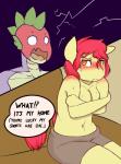 2015 2tipsie4me anthro anthrofied apple_bloom_(mlp) blush breasts clothed clothing comic covering dialogue dragon duo earth_pony ellipsis embarrassed english_text equid equine exclamation_point female friendship_is_magic hair hasbro hi_res horse male mammal my_little_pony mythological_creature mythological_scalie mythology navel open_mouth orange_eyes pony question_mark red_hair scalie shocked spike_(mlp) text tongue topless