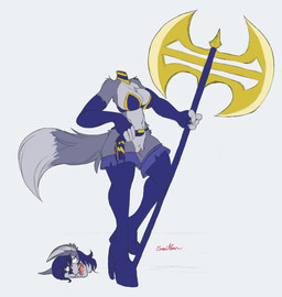 anthro axe big_breasts blue_hair bra breasts clothing decapitation detachable detachable_head fangs female genitals hair open_mouth solo teeth thick_thighs underwear vulva wide_hips kevin_crist canid canine canis mammal wolf hi_res