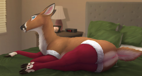after_anal after_sex animal_genitalia animal_vulva anus bed bedroom black_nose blue_eyes bodily_fluids brown_body brown_fur butt cervine_genitalia cervine_vulva christmas_clothing christmas_stocking clock clothed clothed_feral clothing cloven_hooves cum cum_drip cum_in_ass cum_inside digital_clock dripping electronics female feral fur furniture genital_fluids genitals holidays hooves inside lamp leaking_cum looking_at_viewer lying on_bed on_side pillow presenting presenting_hindquarters short_tail solo tail vulva koba christmas eve_(koba) cervine deer mammal 2022 hi_res