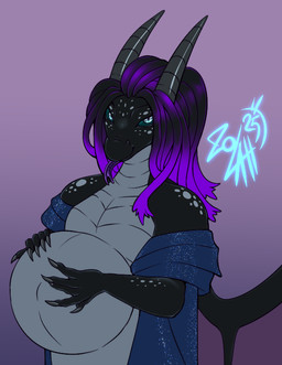 anthro belly big_belly black_body blue_eyes forked_tongue gradient_background green_sclera grey_body hair hand_on_belly horn long_hair looking_at_viewer male pregnant pregnant_anthro pregnant_male pupils purple_background purple_hair simple_background slit_pupils solo tongue tongue_out zolah microsoft mythology the_elder_scrolls the_elder_scrolls_online crow_(crowfreke) dragon mythological_creature mythological_scalie scalie 2025 digital_drawing_(artwork) digital_media_(artwork)