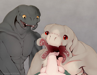 ambiguous_gender erection first_person_view flat_chested foreskin genitals grey_background grey_body grey_skin group human_pov imminent_oral looking_at_genitalia looking_at_penis looking_at_viewer male male/ambiguous male_pov mandibles penis red_eyes shaved_balls simple_background slit_nostrils tan_body tan_skin teeth text throat_opening tongue tongue_out trio yellow_eyes thedragonjade halo_(series) microsoft xbox_game_studios fan_character jayli_'heyam_(thedragonjade) naz_'shenen_(thedragonjade) alien human mammal sangheili scalie english_text hi_res signature female_(lore)