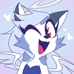anthro back_wings blue_hair feathered_wings feathers female fur grey_body grey_fur hair halo heart_symbol looking_at_viewer one_eye_closed red_eyes simple_background smile solo wings emositecc hellaverse helluva_boss loona_(helluva_boss) angel canid canid_angel canine cherub mammal 1:1 colored