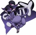 anthro anus balls biped black_hair breasts butt erection eyebrows genitals hair hairless_tail herm hooves intersex looking_at_viewer nude open_mouth penis pink_eyes ponytail presenting purple_body purple_skin pussy slit_nostrils snout solo teeth lucky_(artist) zuri demon imp hi_res