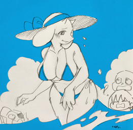 anthro big_breasts blue_background blue_clothing blush bone breasts claws clothed clothing embarrassed eye_patch eyewear female group hat headgear headwear horn looking_back male simple_background skeleton skimpy solo_focus split_form sun_hat swimwear thick_thighs water wide_hips noaharbre undertale undertale_(series) frisk_(undertale) sans_(undertale) toriel undyne animated_skeleton aquatic boss_monster_(undertale) bovid caprine human humanoid mammal merfolk undead hi_res sketch