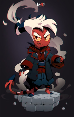 angry anthro chibi clothed clothing fingerless_gloves frown gloves hair handwear hooves horn jacket male red_body red_skin simple_background solo spikes spikes_(anatomy) topwear white_hair vesper_art vic_the_imp imp hi_res