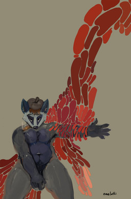 abstract_background anthro balls belly big_belly black_penis blue_body blue_fur brown_clothing brown_hat brown_headwear cheek_tuft clothing facial_tuft flat_cap front_view fur genitals grey_balls grey_body grey_fur hat hat_only headgear headgear_only headwear headwear_only looking_at_viewer male male_anthro mostly_nude navel nude overweight overweight_anthro overweight_male penis penis_base pubes solo standing tuft oselotti vince_(thefandox) badger mammal mustelid musteline absurd_res hi_res portrait three-quarter_portrait