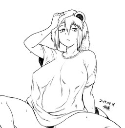 big_breasts bottomless breasts clothed clothing female hair markings nipple_outline pubes shirt short_hair sitting solo striped_markings striped_tail stripes tail tail_markings topwear wet tsukudani_(coke-buta) araiguma-san animal_humanoid humanoid mammal mammal_humanoid procyonid procyonid_humanoid raccoon_humanoid 2019 dated greyscale monochrome signature
