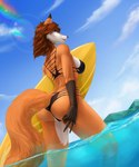 anthro blue_eyes breasts brown_hair butt butt_pose clothed clothing day detailed_background eyebrows eyelashes female fur hair looking_at_viewer orange_body orange_fur outside partially_submerged pose sky smile solo swimwear tail white_body white_fur elvofirida samantha_(syronck01) canid canine fox mammal red_fox true_fox 2022 5:6 digital_media_(artwork) hi_res