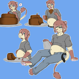 anthro barefoot base_two_layout basic_sequence belly big_belly biped blue_background cake cherry clothing cutlery dessert eating eyewear feet food fork four_frame_image four_frame_sequence fruit glasses heart_reaction heart_symbol kitchen_utensils linear_sequence male overweight overweight_anthro overweight_male plant simple_background solo speech_bubble stuffing tools two_row_layout weight_gain artofmander kyotsu felid lion mammal pantherine 1:1 pictographics sequence